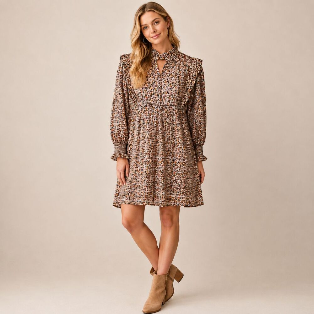 ba&sh Deep Ecru Dress M US 8 Metallic Abstract Print Ruffle Neck Boho Mini Shift